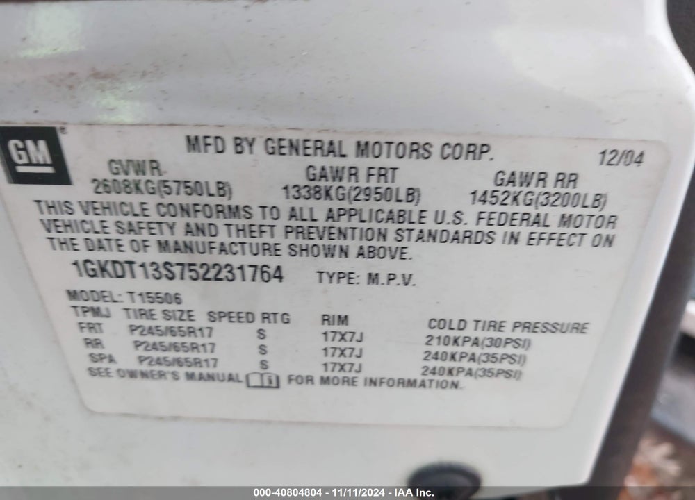 2005 GMC ENVOY SLT VIN: 1GKDT13S752231764