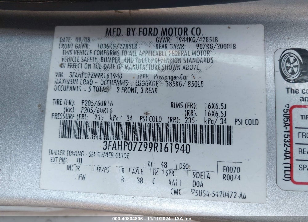 2009 FORD FUSION SE VIN: 3FAHP07Z99R161940