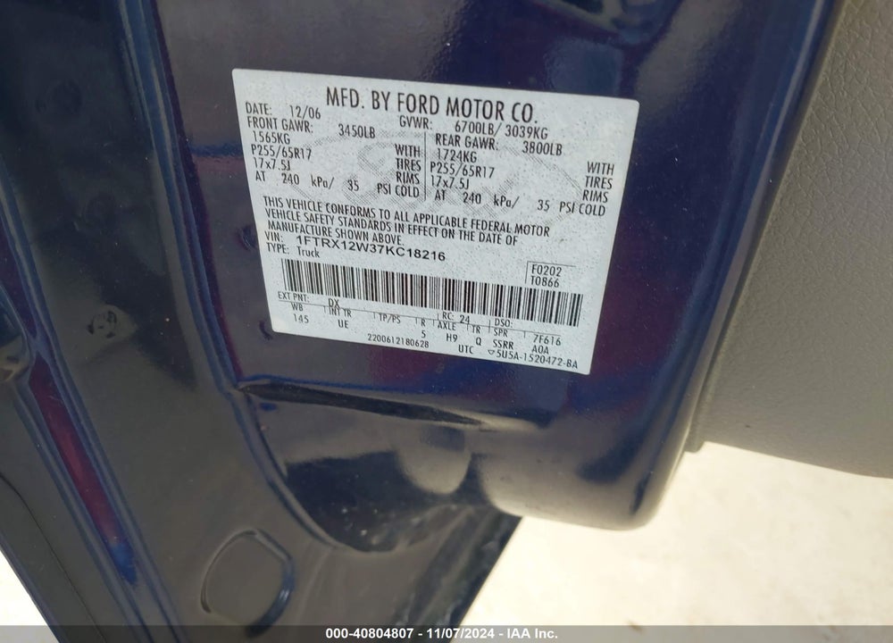 2007 FORD F-150 STX/XL/XLT VIN: 1FTRX12W37KC18216