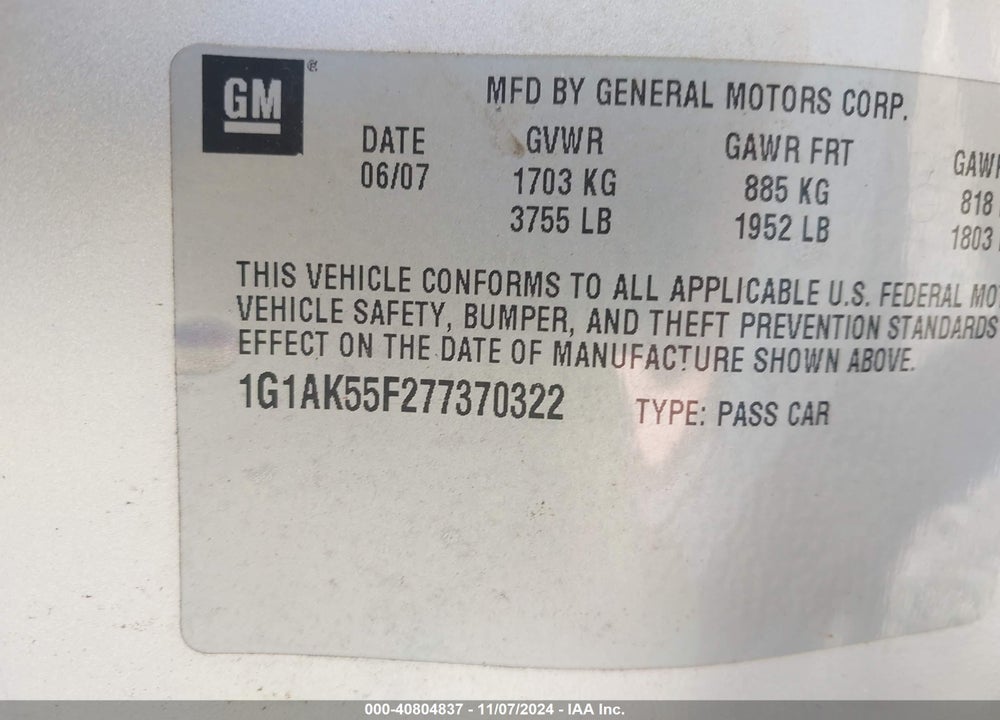 2007 CHEVROLET COBALT LS VIN: 1G1AK55F277370322