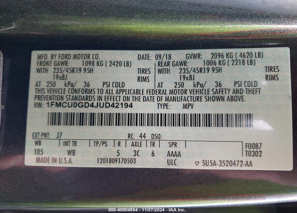 2018 FORD ESCAPE SE VIN: 1FMCU0GD4JUD42194