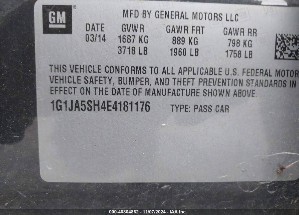 2014 CHEVROLET SONIC LS AUTO VIN: 1G1JA5SH4E4181176
