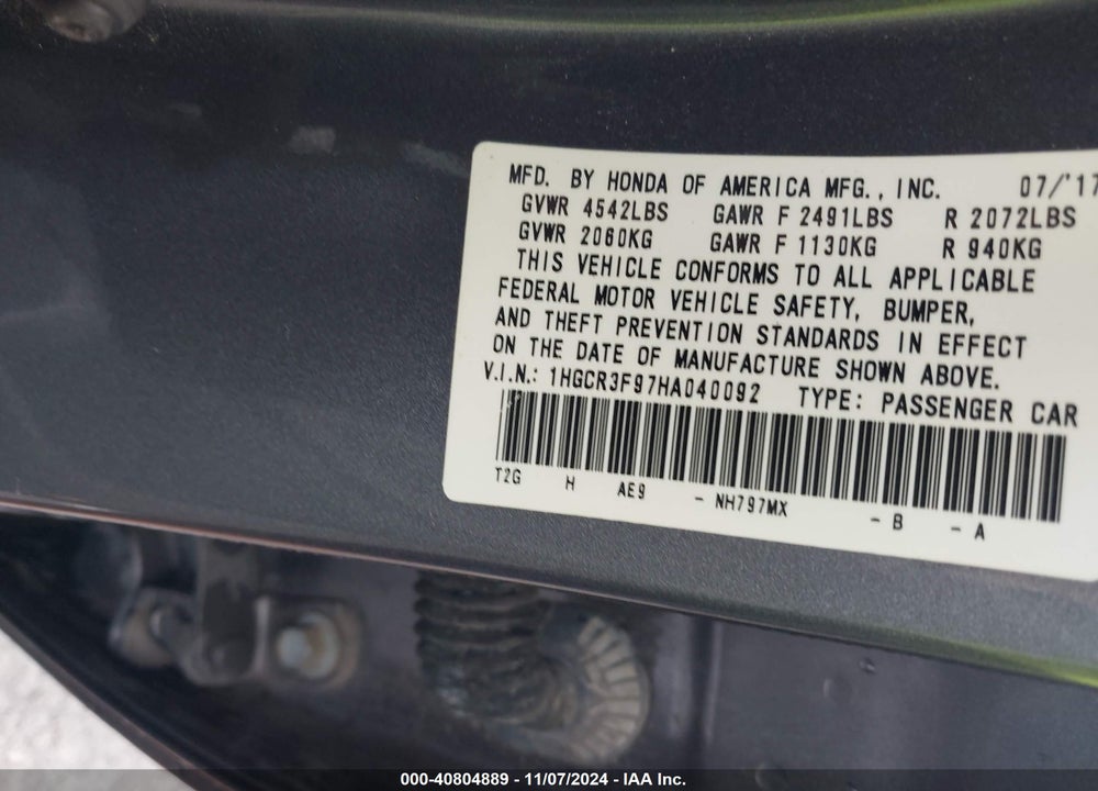 2017 HONDA ACCORD TOURING V6 VIN: 1HGCR3F97HA040092