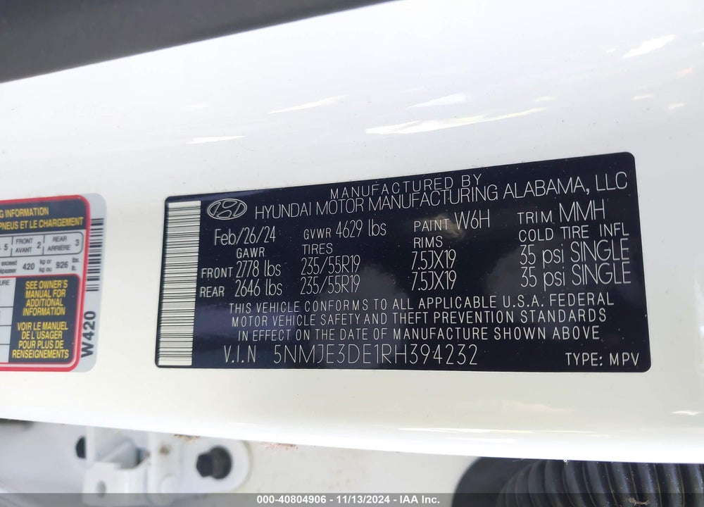 2024 HYUNDAI TUCSON VIN: 5NMJE3DE1RH394232