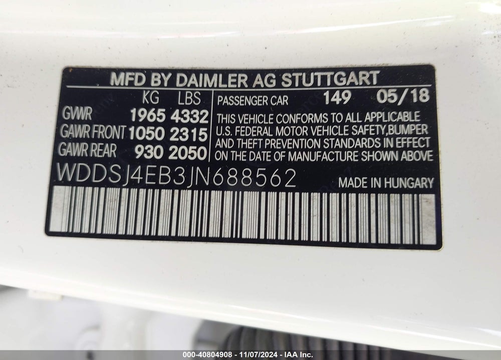 2018 MERCEDES-BENZ CLA 250 VIN: WDDSJ4EB3JN688562
