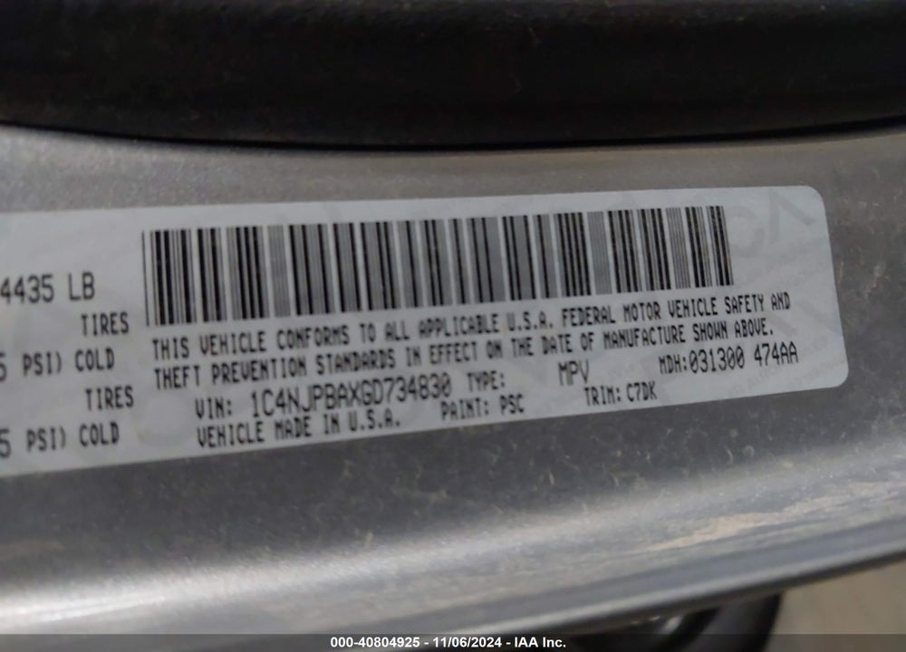 2016 JEEP PATRIOT SPORT VIN: 1C4NJPBAXGD734830