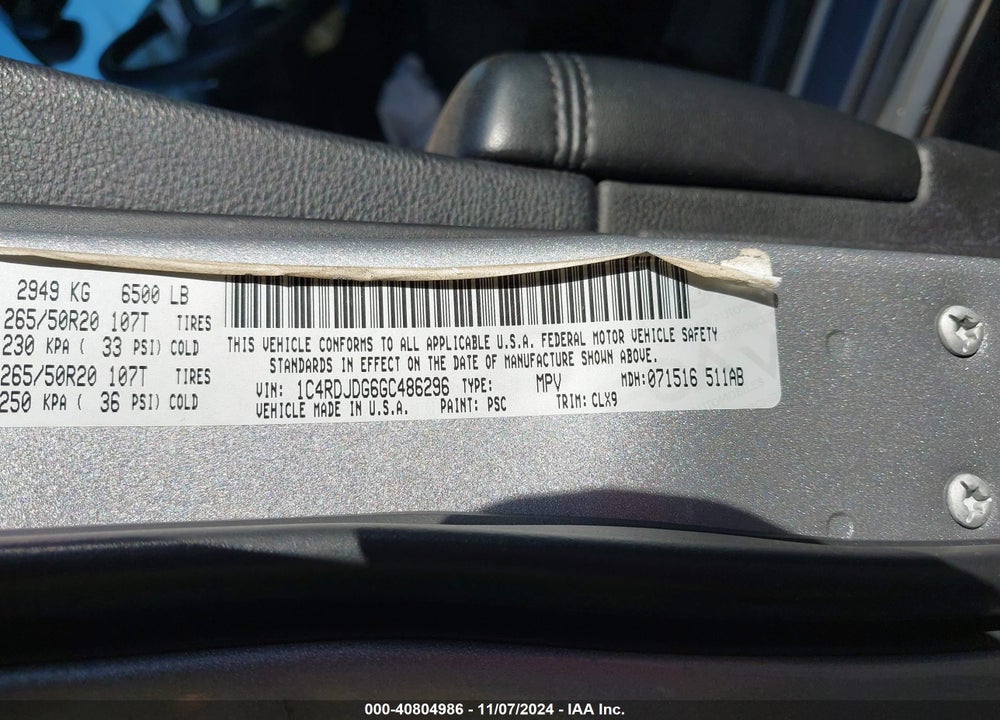 2016 DODGE DURANGO LIMITED VIN: 1C4RDJDG6GC486296