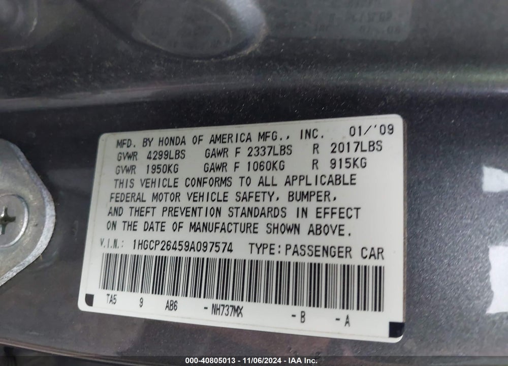 2009 HONDA ACCORD 2.4 LX-P VIN: 1HGCP26459A097574
