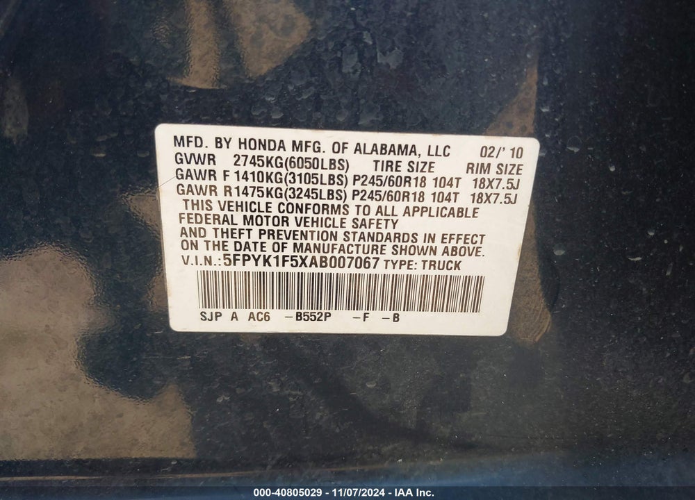 2010 HONDA RIDGELINE RTL VIN: 5FPYK1F5XAB007067