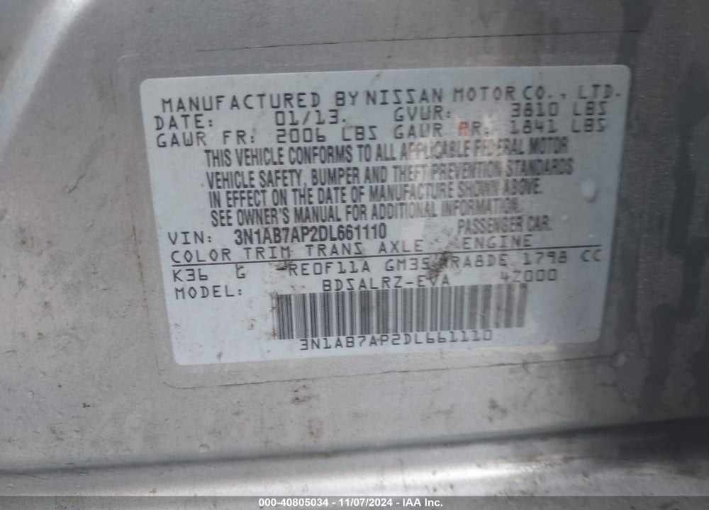 2013 NISSAN SENTRA SR VIN: 3N1AB7AP2DL661110