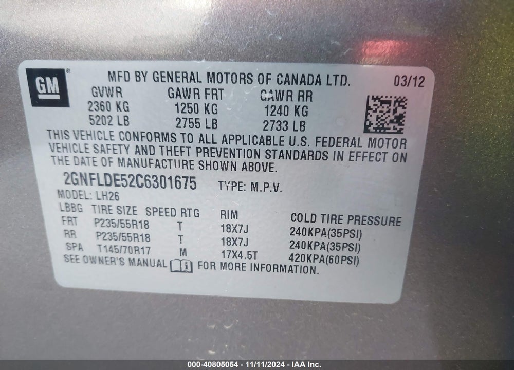 2012 CHEVROLET EQUINOX 1LT VIN: 2GNFLDE52C6301675