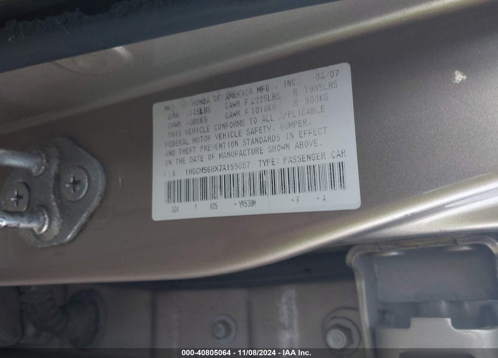 2007 HONDA ACCORD 2.4 EX VIN: 1HGCM568X7A155057
