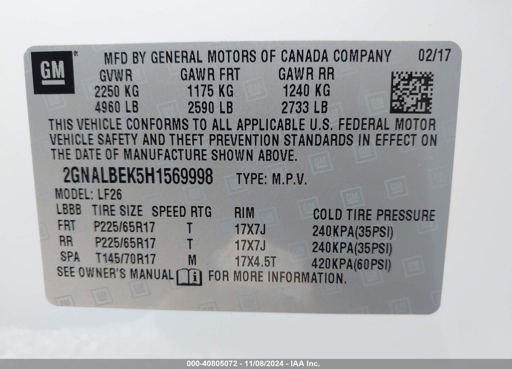 2017 CHEVROLET EQUINOX LS VIN: 2GNALBEK5H1569998