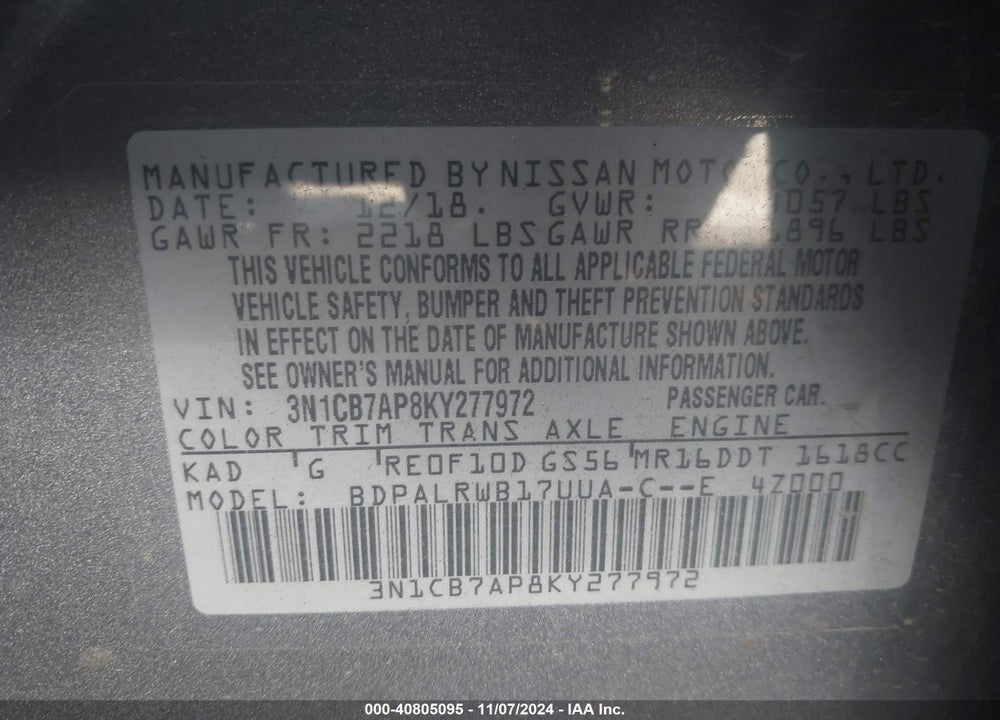 2019 NISSAN SENTRA SR TURBO VIN: 3N1CB7AP8KY277972