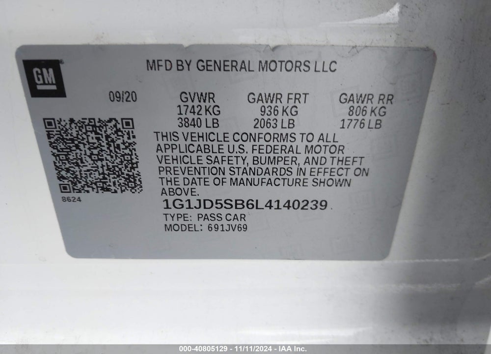 2020 CHEVROLET SONIC FWD  LT VIN: 1G1JD5SB6L4140239