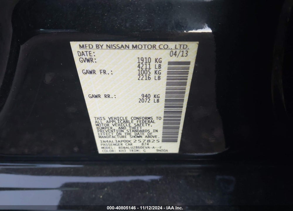 2013 NISSAN ALTIMA 2.5 SV VIN: 1N4AL3AP0DC257825