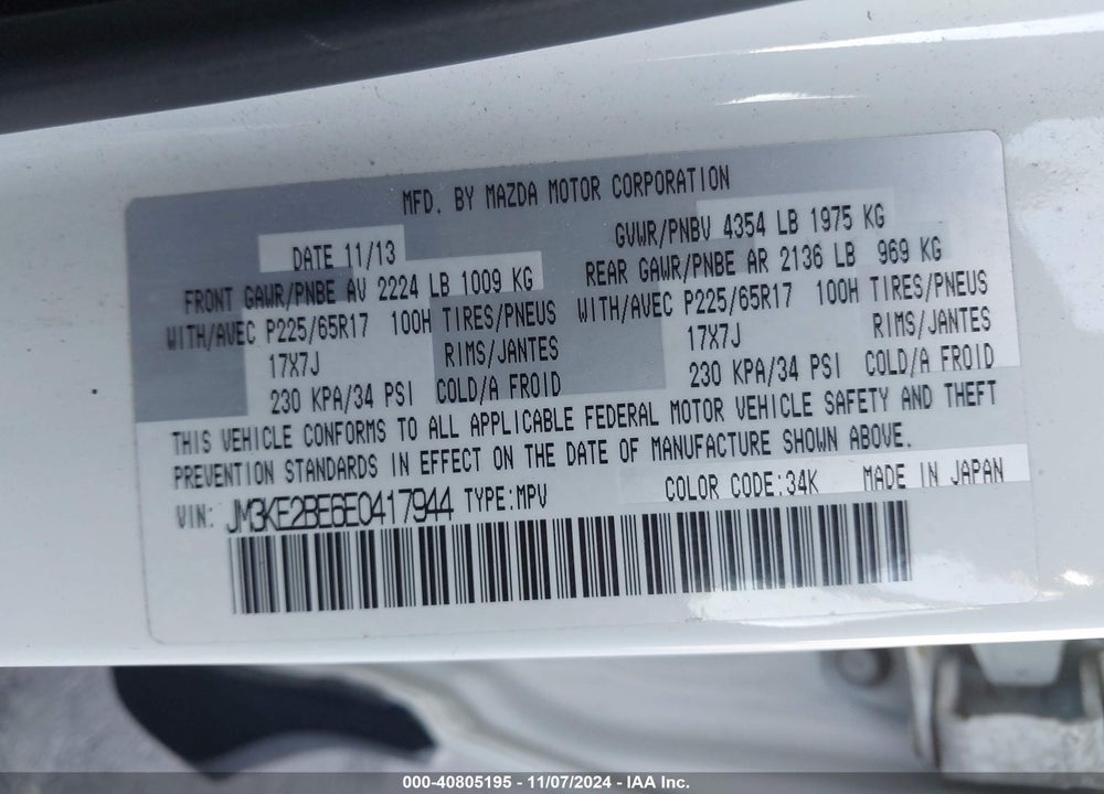 2014 MAZDA CX-5 SPORT VIN: JM3KE2BE6E0417944