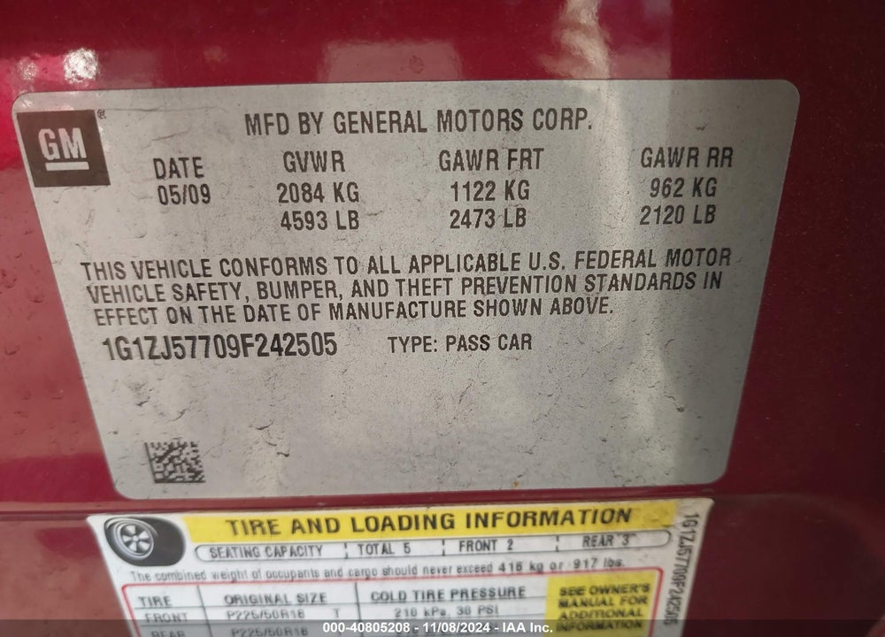 2009 CHEVROLET MALIBU LT VIN: 1G1ZJ57709F242505