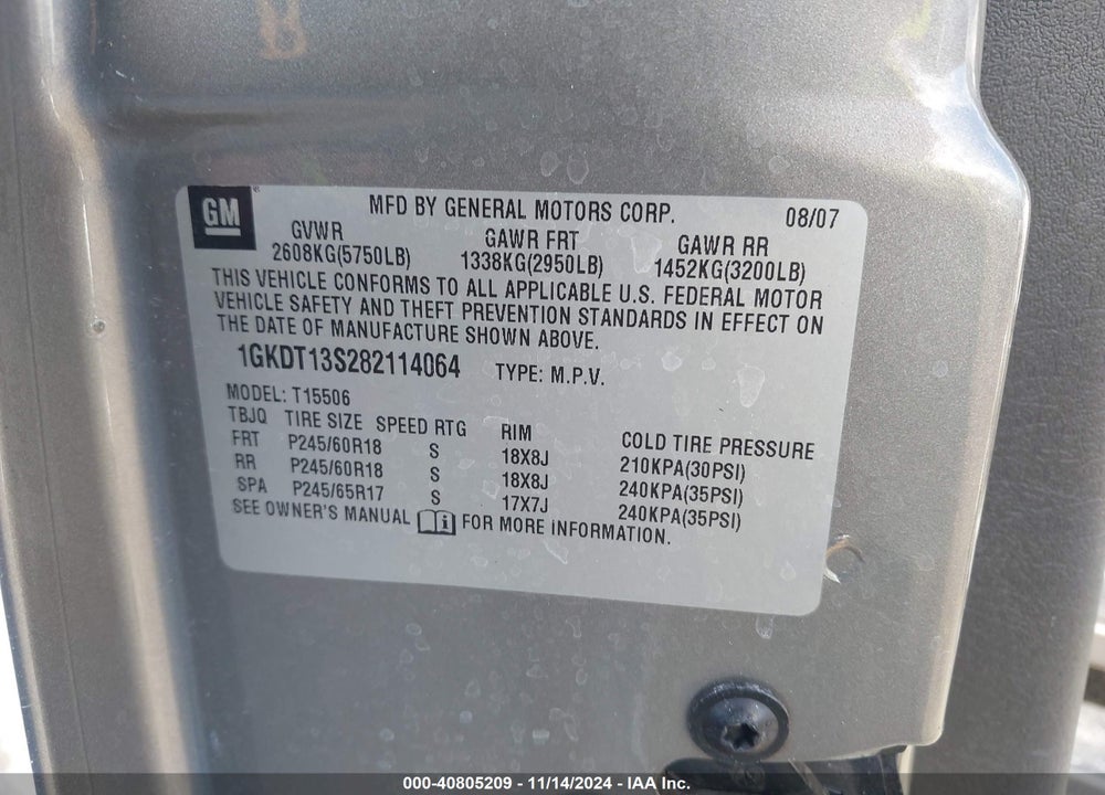 2008 GMC ENVOY SLT VIN: 1GKDT13S282114064