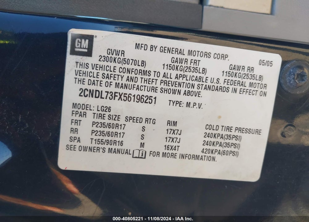 2005 CHEVROLET EQUINOX LT VIN: 2CNDL73FX56196251