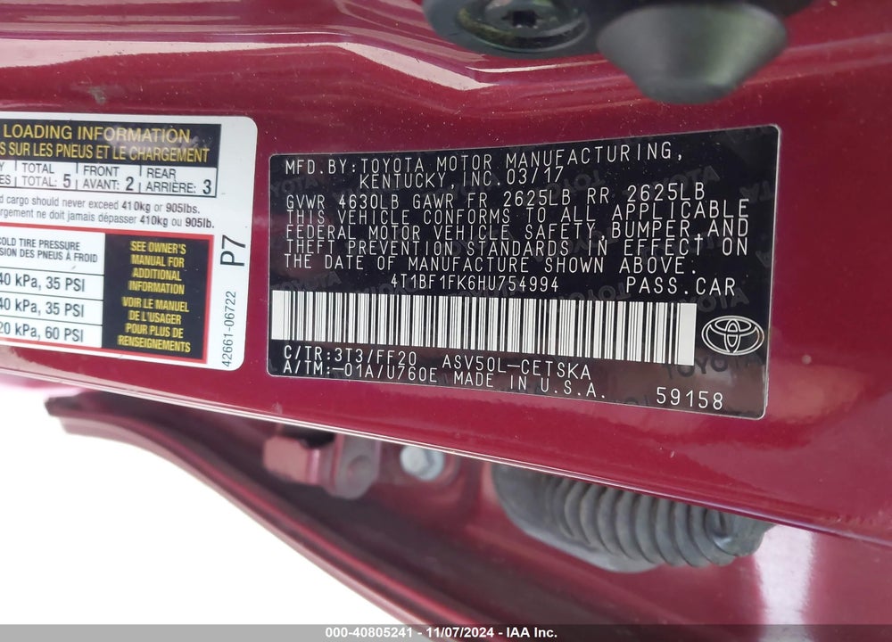 2017 TOYOTA CAMRY SE VIN: 4T1BF1FK6HU754994