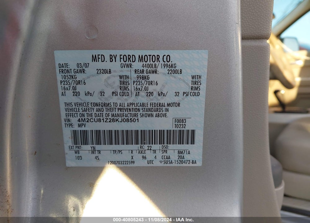 2008 MERCURY MARINER I4 VIN: 4M2CU81Z28KJ08501