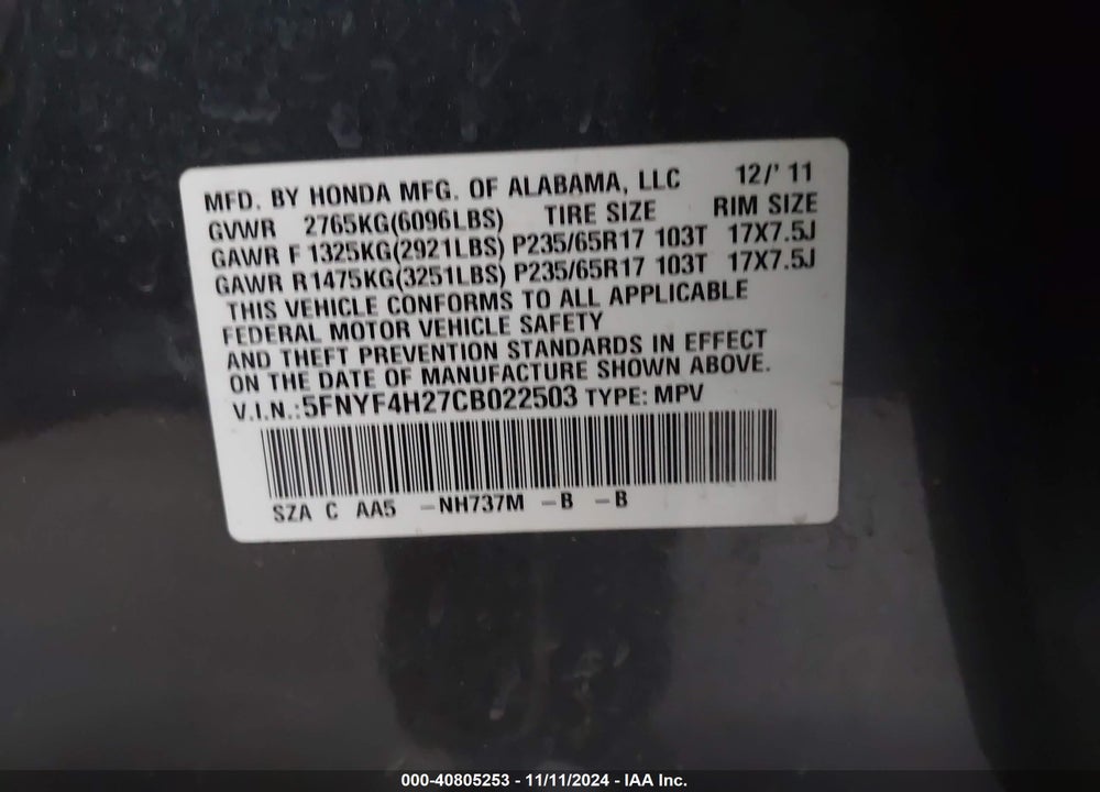 2012 HONDA PILOT LX VIN: 5FNYF4H27CB022503