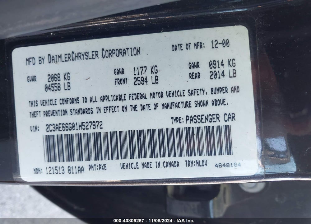 2001 CHRYSLER 300M VIN: 2C3AE66G01H527972