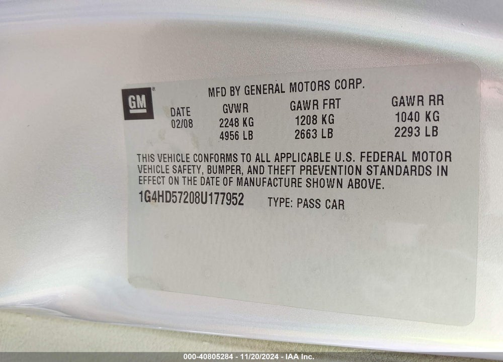 2008 BUICK LUCERNE CXL VIN: 1G4HD57208U177952