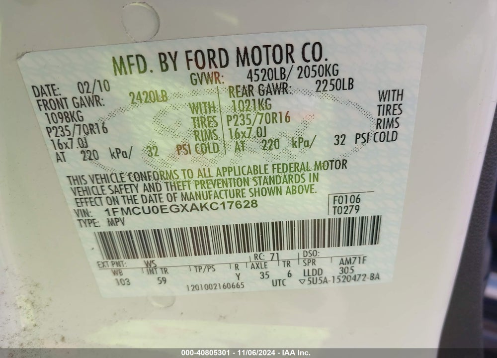 2010 FORD ESCAPE LIMITED VIN: 1FMCU0EGXAKC17628