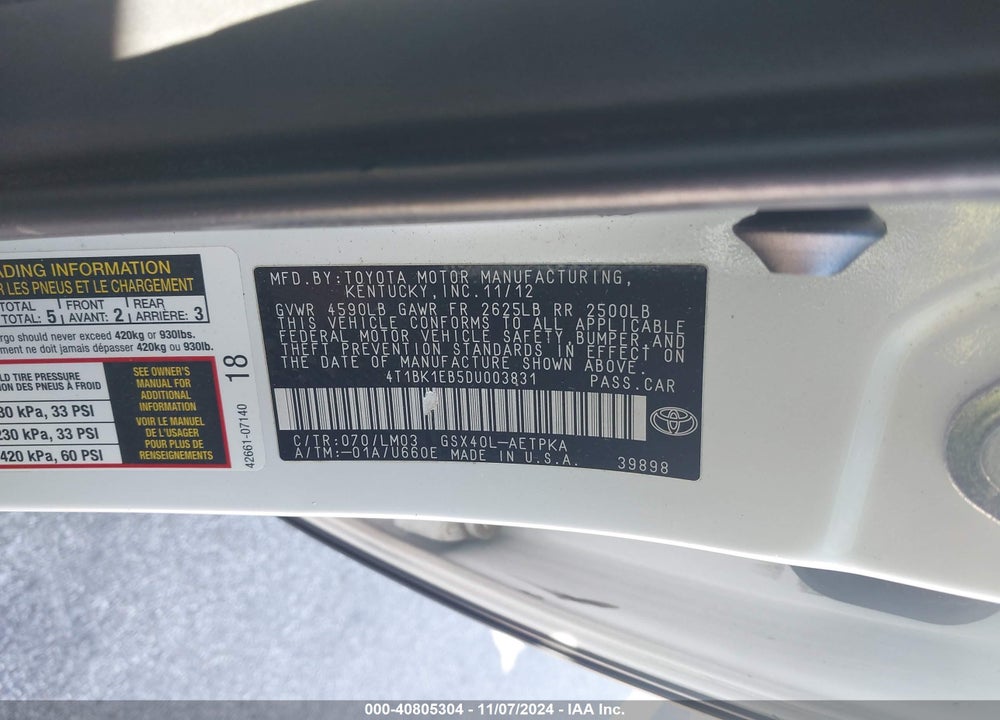 2013 TOYOTA AVALON LIMITED VIN: 4T1BK1EB5DU003831
