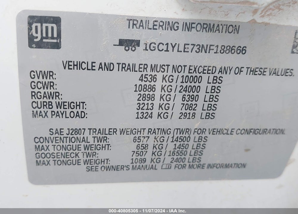 2022 CHEVROLET SILVERADO 2500HD 4WD LONG BED WT VIN: 1GC1YLE73NF188666