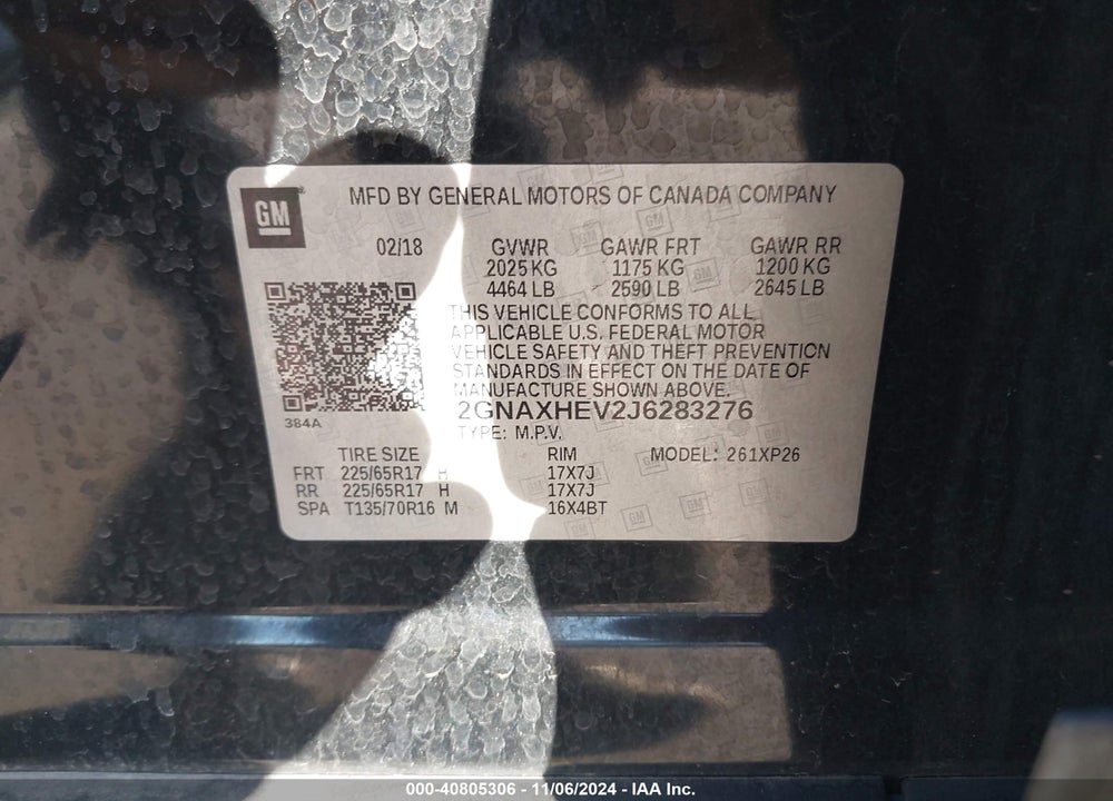 2018 CHEVROLET EQUINOX LS VIN: 2GNAXHEV2J6283276