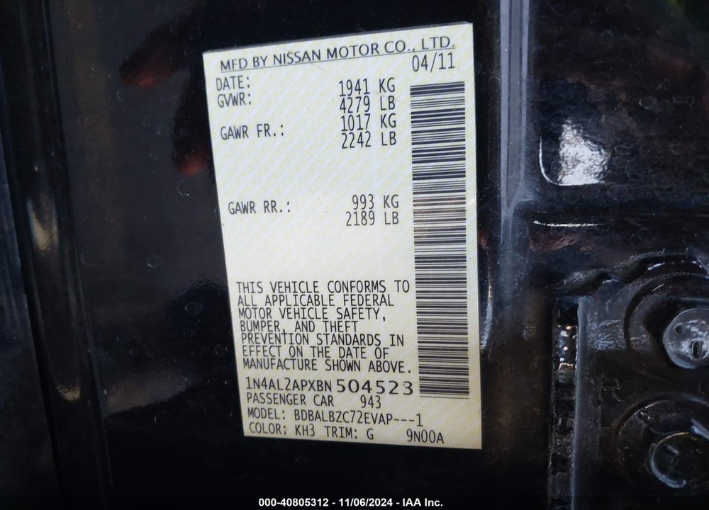 2011 NISSAN ALTIMA 2.5 S VIN: 1N4AL2APXBN504523