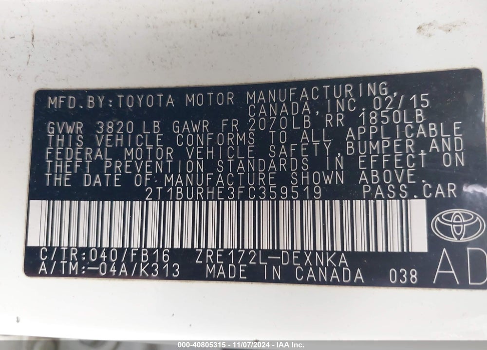 2015 TOYOTA COROLLA LE PLUS VIN: 2T1BURHE3FC359519