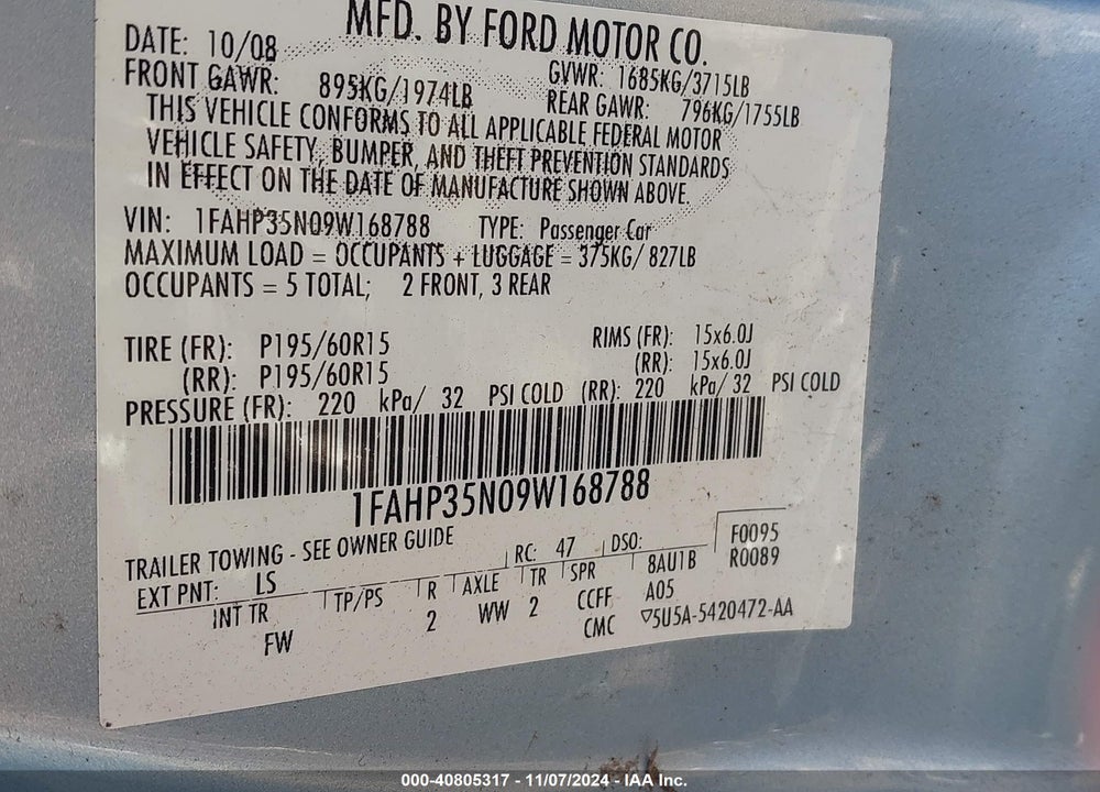 2009 FORD FOCUS SE VIN: 1FAHP35N09W168788
