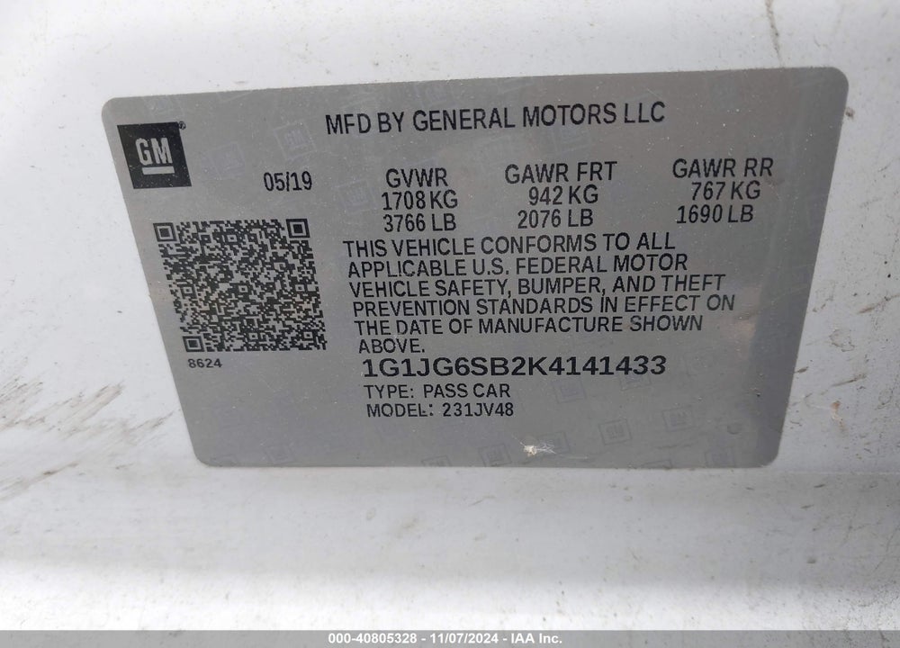 2019 CHEVROLET SONIC LT AUTO VIN: 1G1JG6SB2K4141433