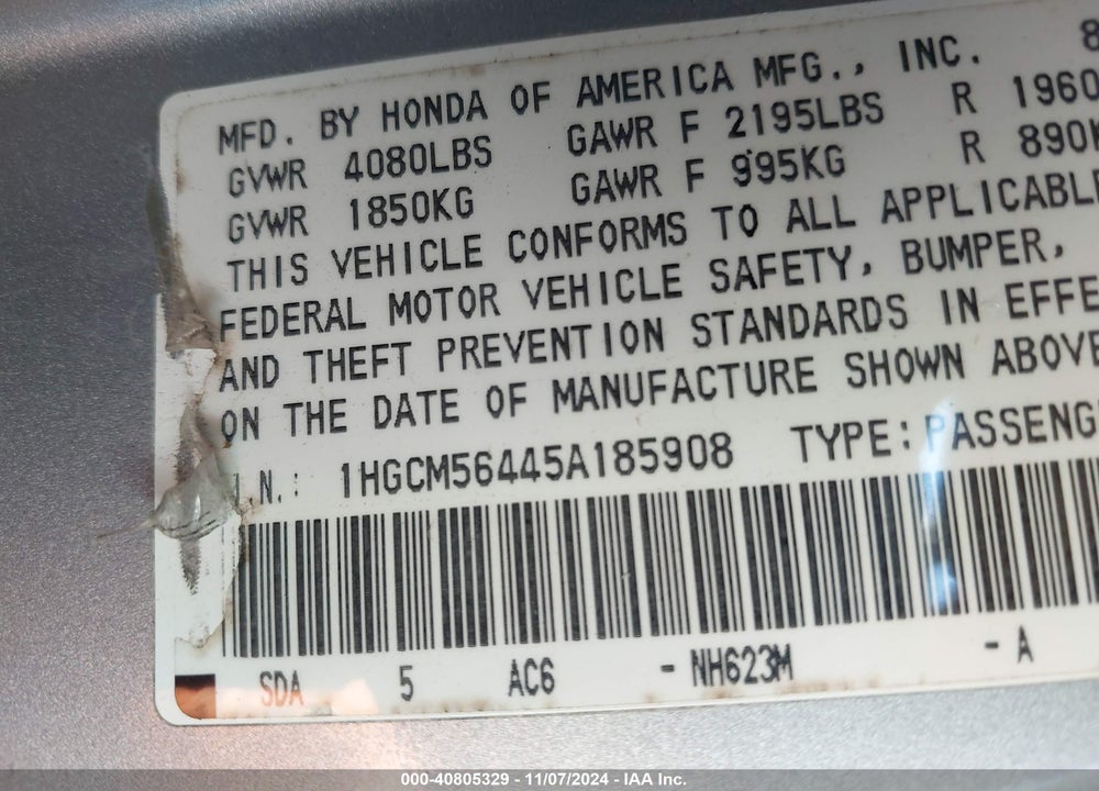 2005 HONDA ACCORD 2.4 LX VIN: 1HGCM56445A185908