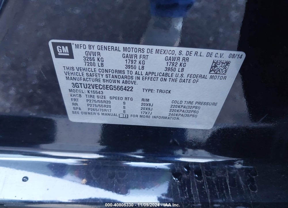 2014 GMC SIERRA 1500 SLT VIN: 3GTU2VEC6EG566422
