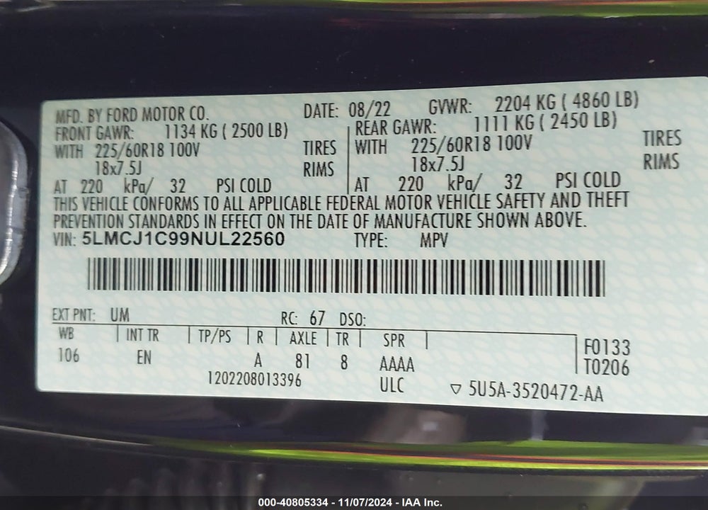 2022 LINCOLN CORSAIR STANDARD VIN: 5LMCJ1C99NUL22560