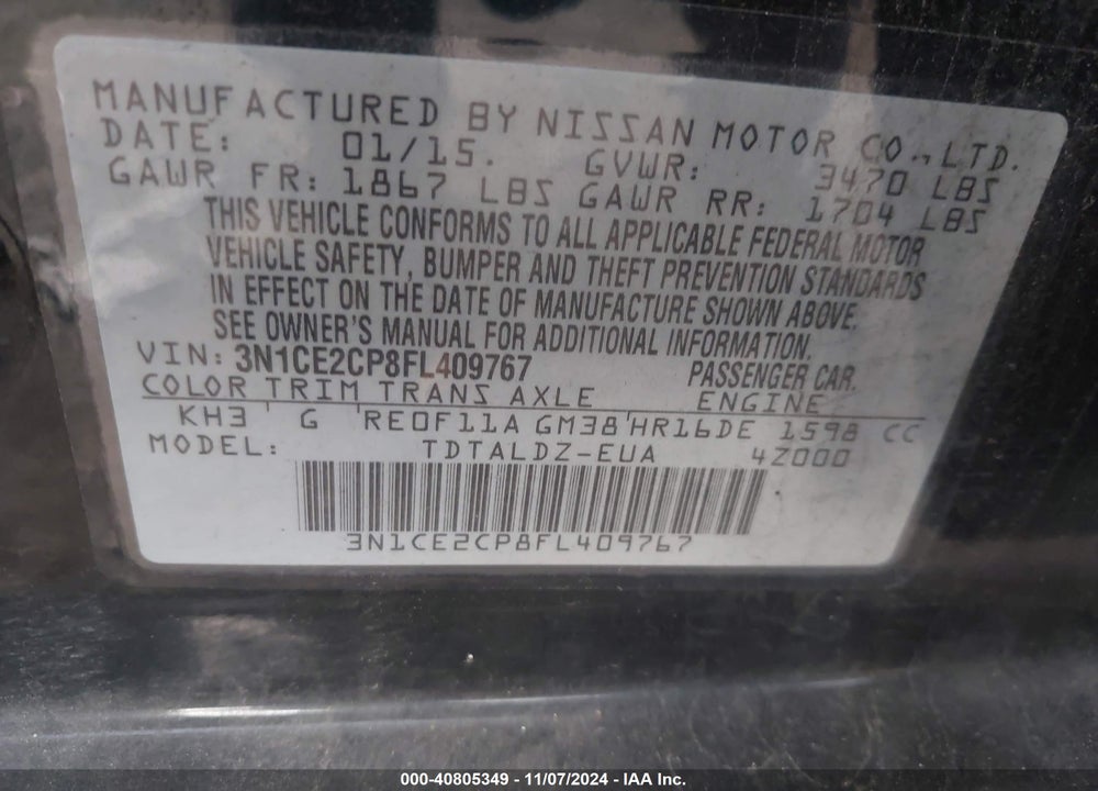 2015 NISSAN VERSA NOTE S (SR)/S PLUS/SL/SR/SV VIN: 3N1CE2CP8FL409767