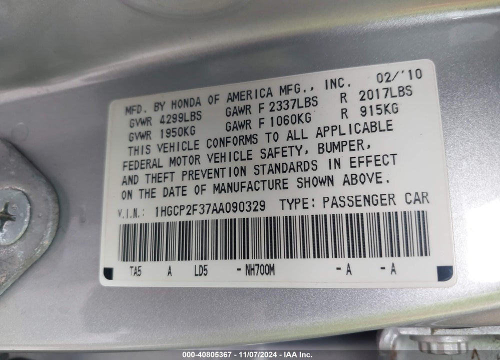 2010 HONDA ACCORD 2.4 LX VIN: 1HGCP2F37AA090329