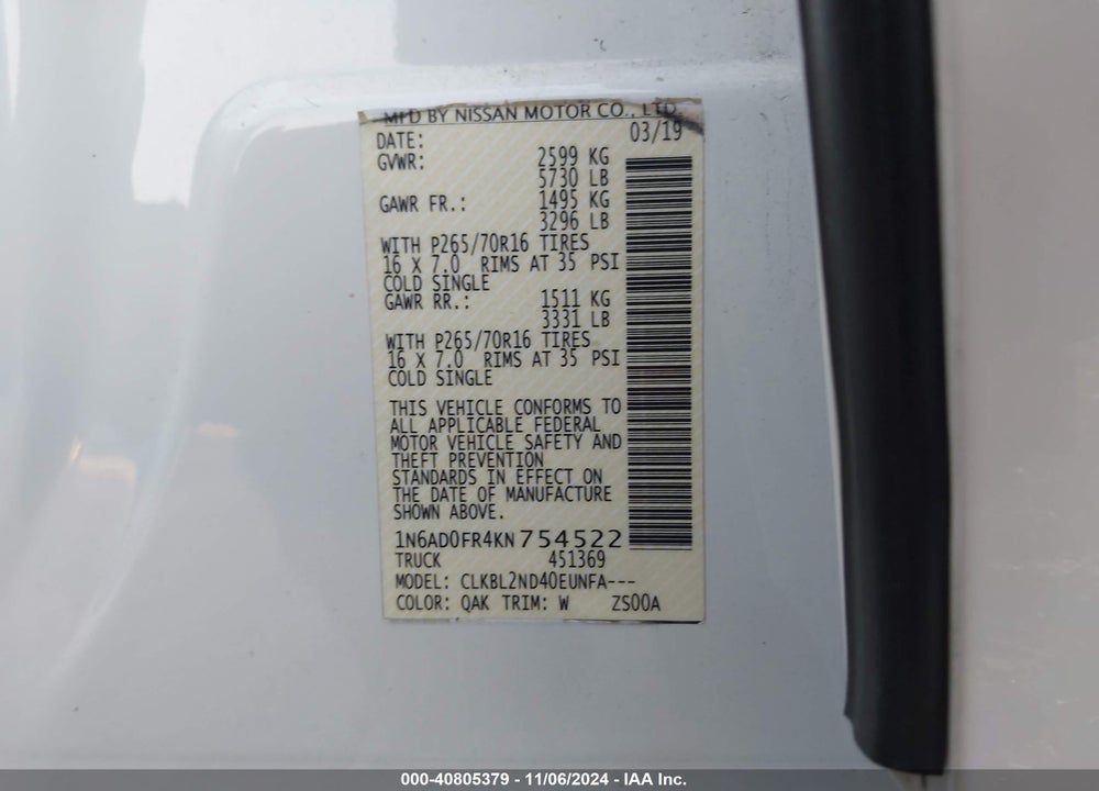 2019 NISSAN FRONTIER SV VIN: 1N6AD0FR4KN754522