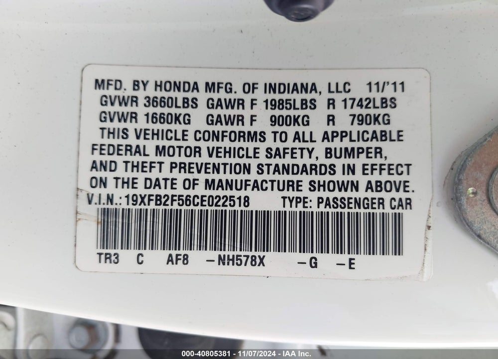 2012 HONDA CIVIC LX VIN: 19XFB2F56CE022518
