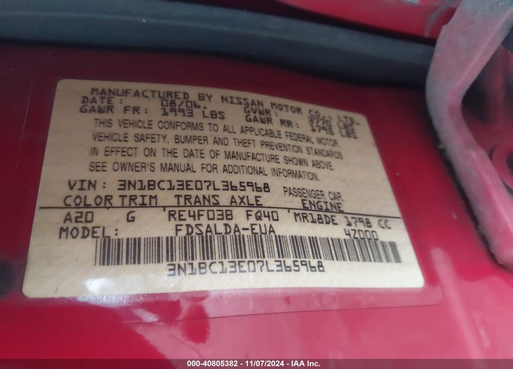 2007 NISSAN VERSA 1.8S VIN: 3N1BC13E07L365968