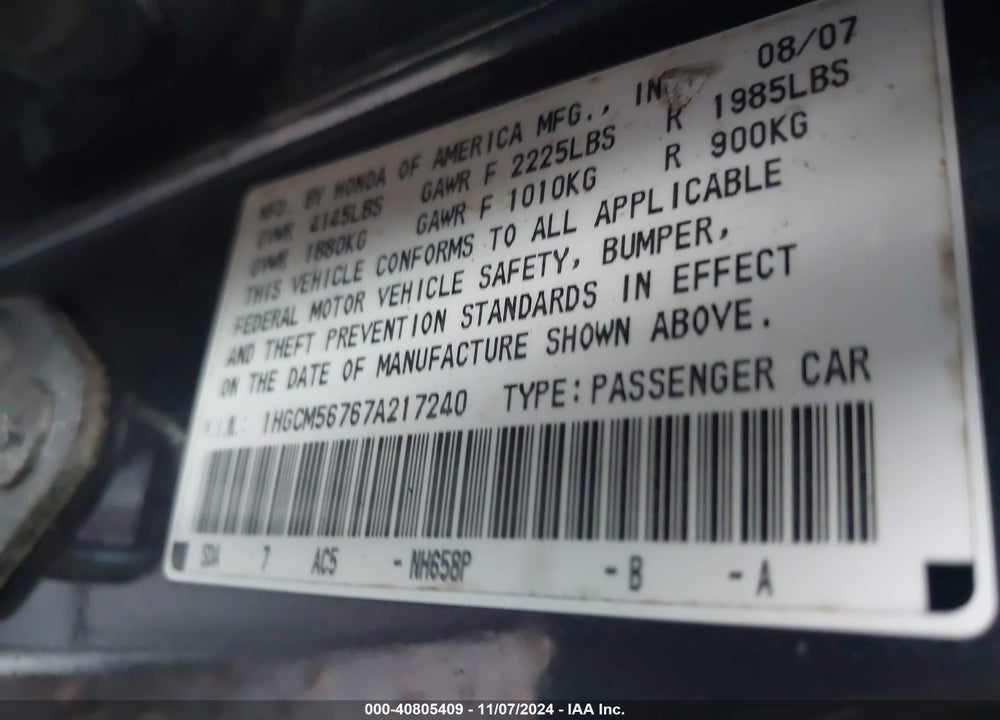 2007 HONDA ACCORD 2.4 EX VIN: 1HGCM56767A217240