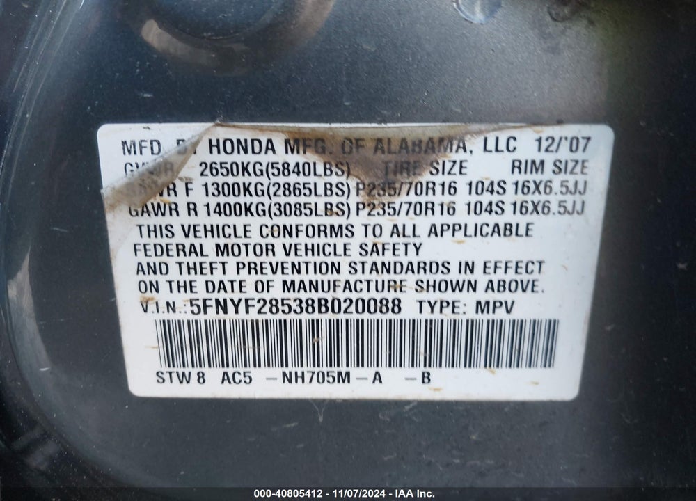 2008 HONDA PILOT EX-L VIN: 5FNYF28538B020088