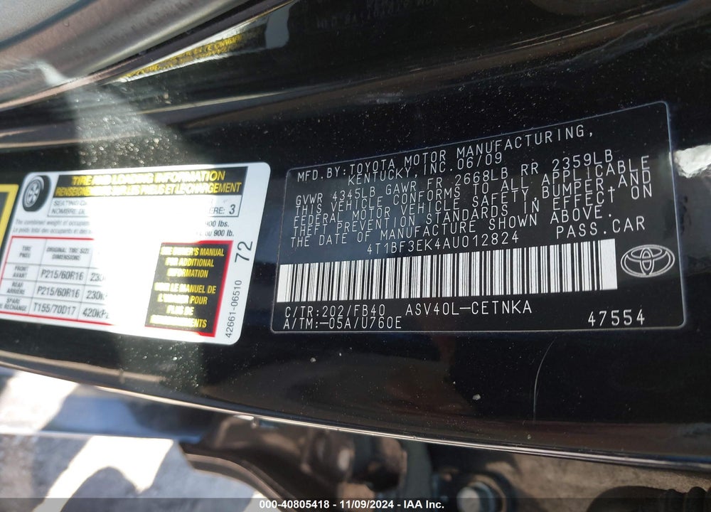 2010 TOYOTA CAMRY LE VIN: 4T1BF3EK4AU012824