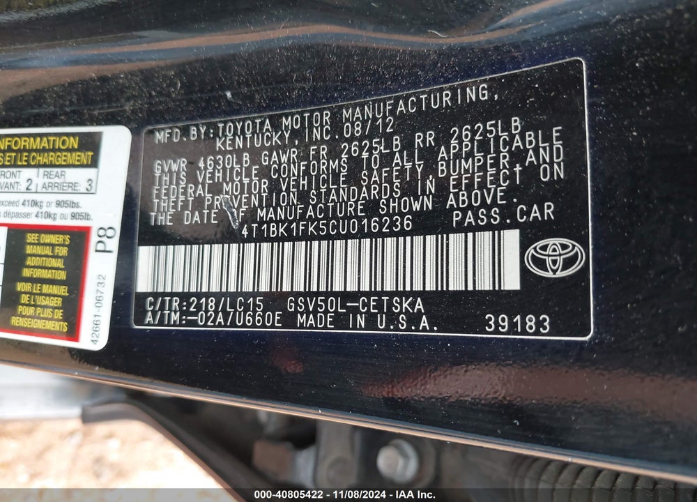 2012 TOYOTA CAMRY SE V6 VIN: 4T1BK1FK5CU016236