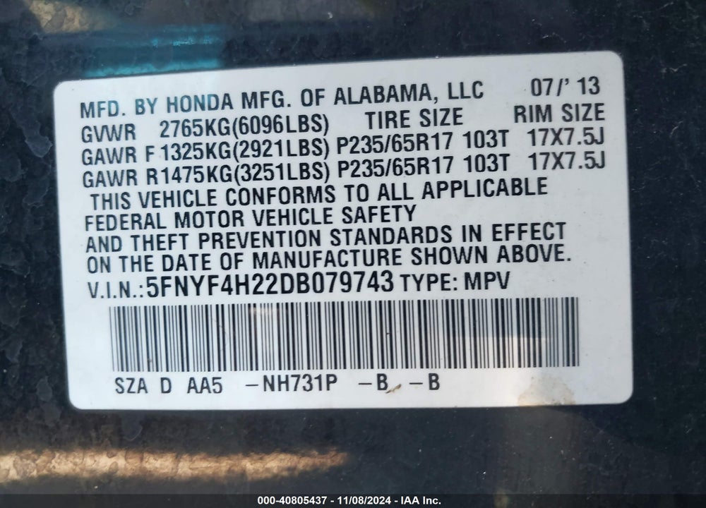 2013 HONDA PILOT LX VIN: 5FNYF4H22DB079743